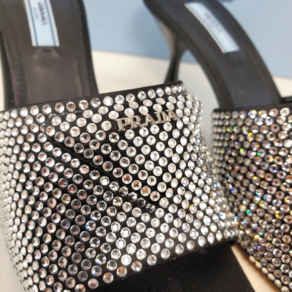 NWT$1,650 PRADA Satin Crystal Open Toe Logo Embellished Slides Mules Sz 39 - Picture 11 of 17